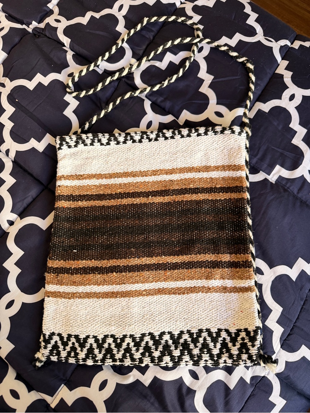 Handwoven Striped Crossbody Bag in Black, Brown, and Cream NWOT 14x14